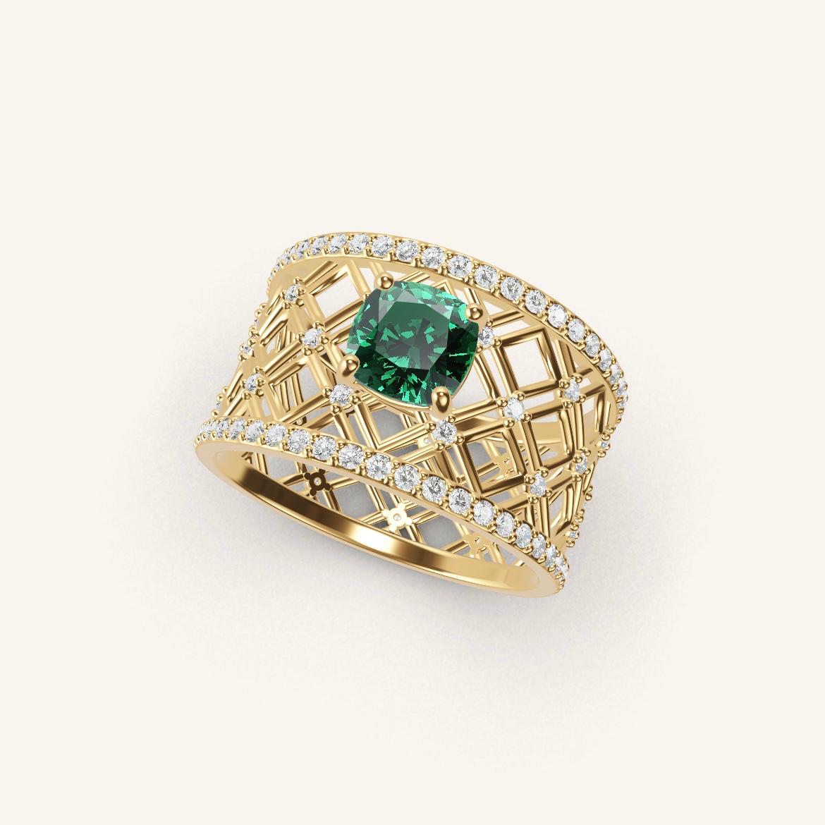 Louvre - Cushion Emerald - 0.7 carat - Yellow Gold